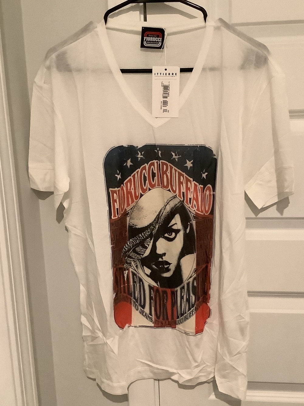 Fiorucci White V-Neck Tee with Red and Blue Graphic, Brand New